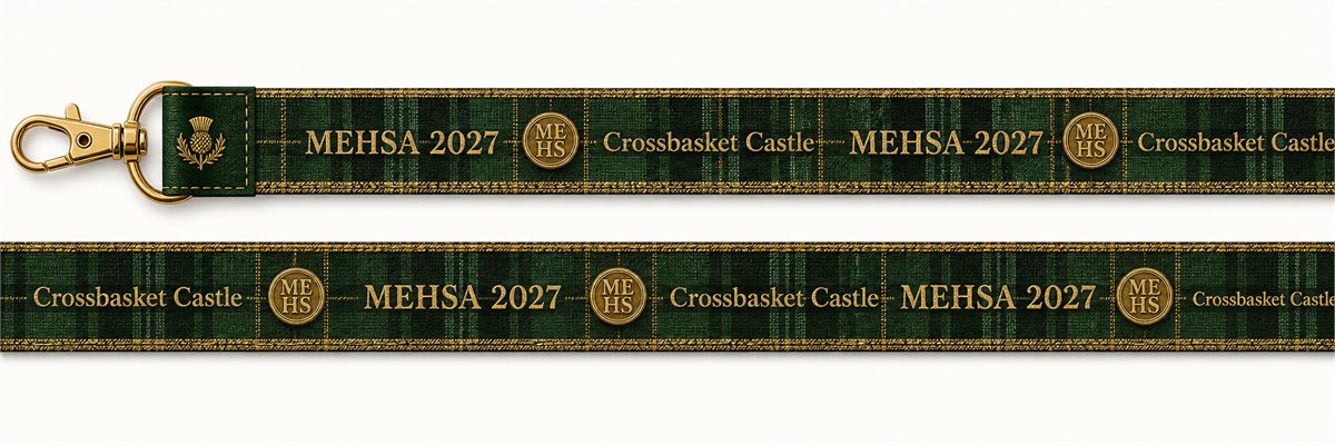 MEHSA 2027 tartan and gold lanyard strap, with a thistle tab and gold MEHS seals