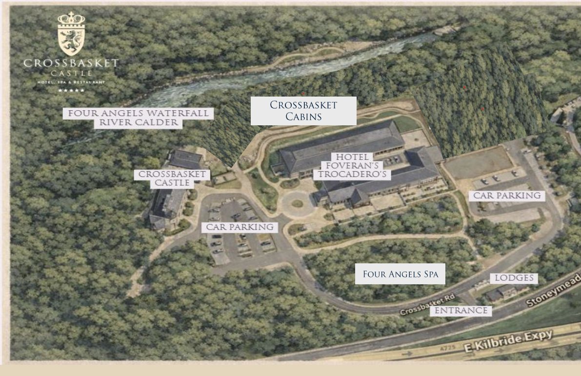 Aerial map of the Crossbasket Castle estate showing the castle, hotel with Foveran's and Trocadero's, Crossbasket Cabins, Four Angels Spa, lodges, car parking and the River Calder