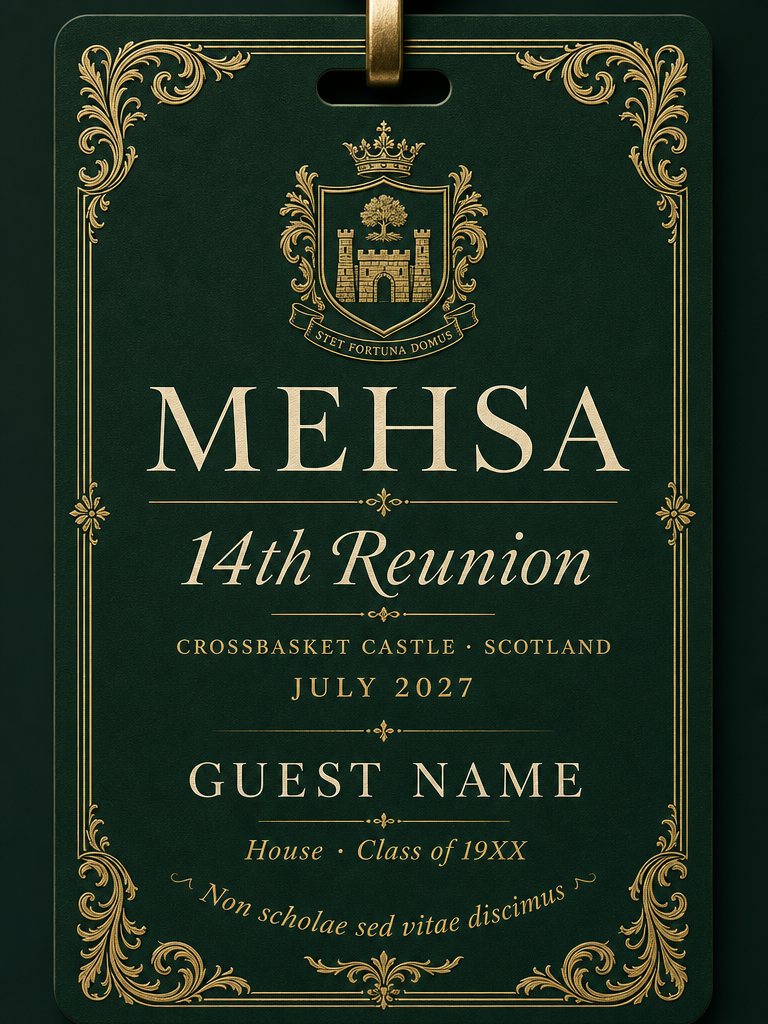 Heritage Crest lanyard design: dark green badge with ornate gold filigree border, school crest and Latin motto
